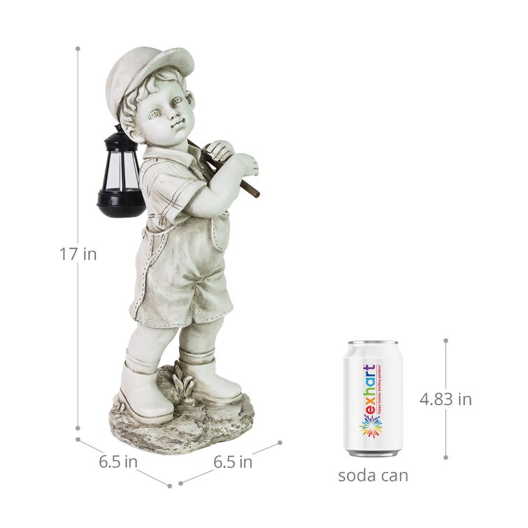 Exhart Little Boy Garden Statue With Solar Lantern, 17 Inches